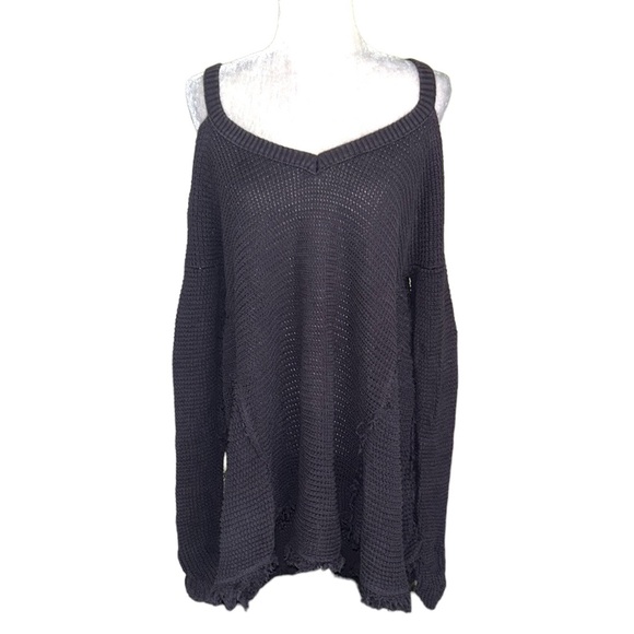 Free People Moonshine Dark Gray V-Neck Cold Shoulder A-Line Knit Sweater - M / L - Picture 5 of 15